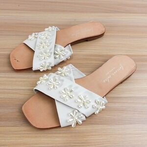 Women Bridal Bloom Flat Slip On 5.5 White Floral Pearl Bead Slides FOREVER SOLES